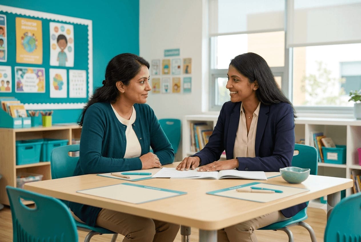 South Asian mother in warm school meeting with teacher, toddler playing nearby