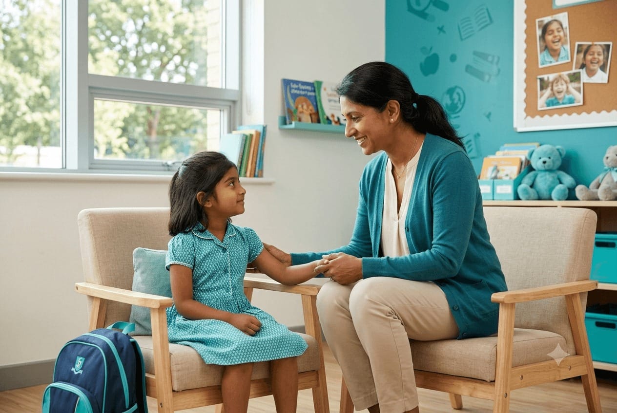 South Asian parent and teacher reviewing IEP accommodation papers together