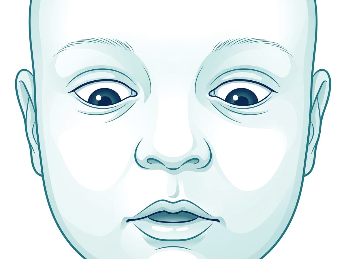 Illustration of sunset sign in infant with hydrocephalus — eyes pushed downward