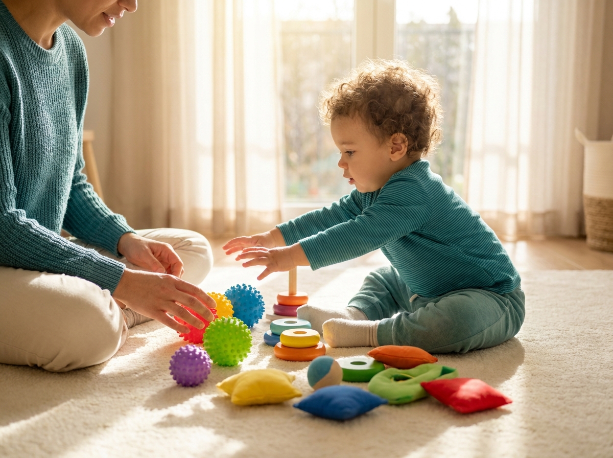 Close-up of toddler hands touching different textures fabric and sand, parent hands gently guiding