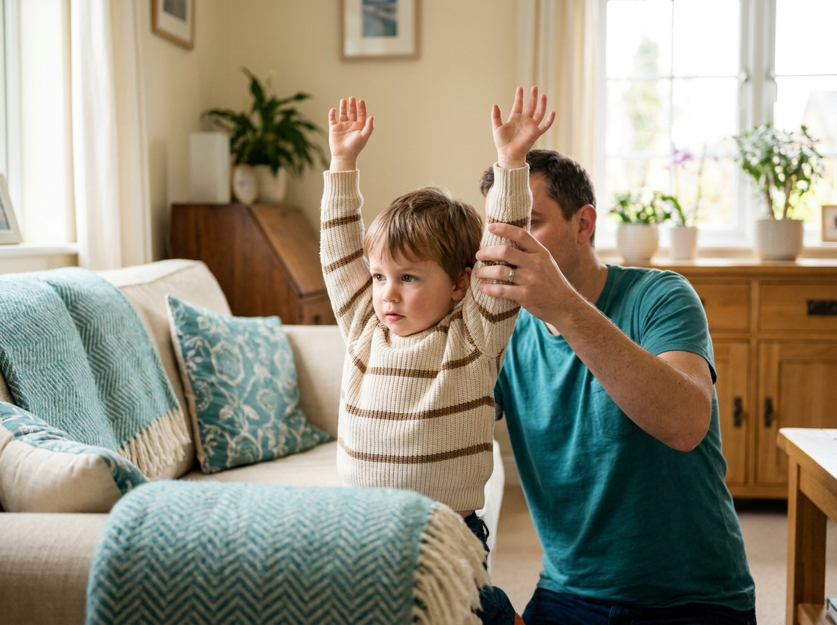 South Asian toddler girl doing gentle stretching with mother on yoga mat, warm morning light