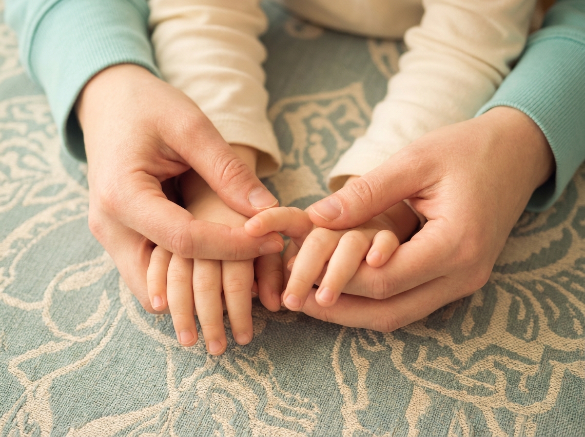 South Asian toddler raising arms in overhead stretch with encouraging mother