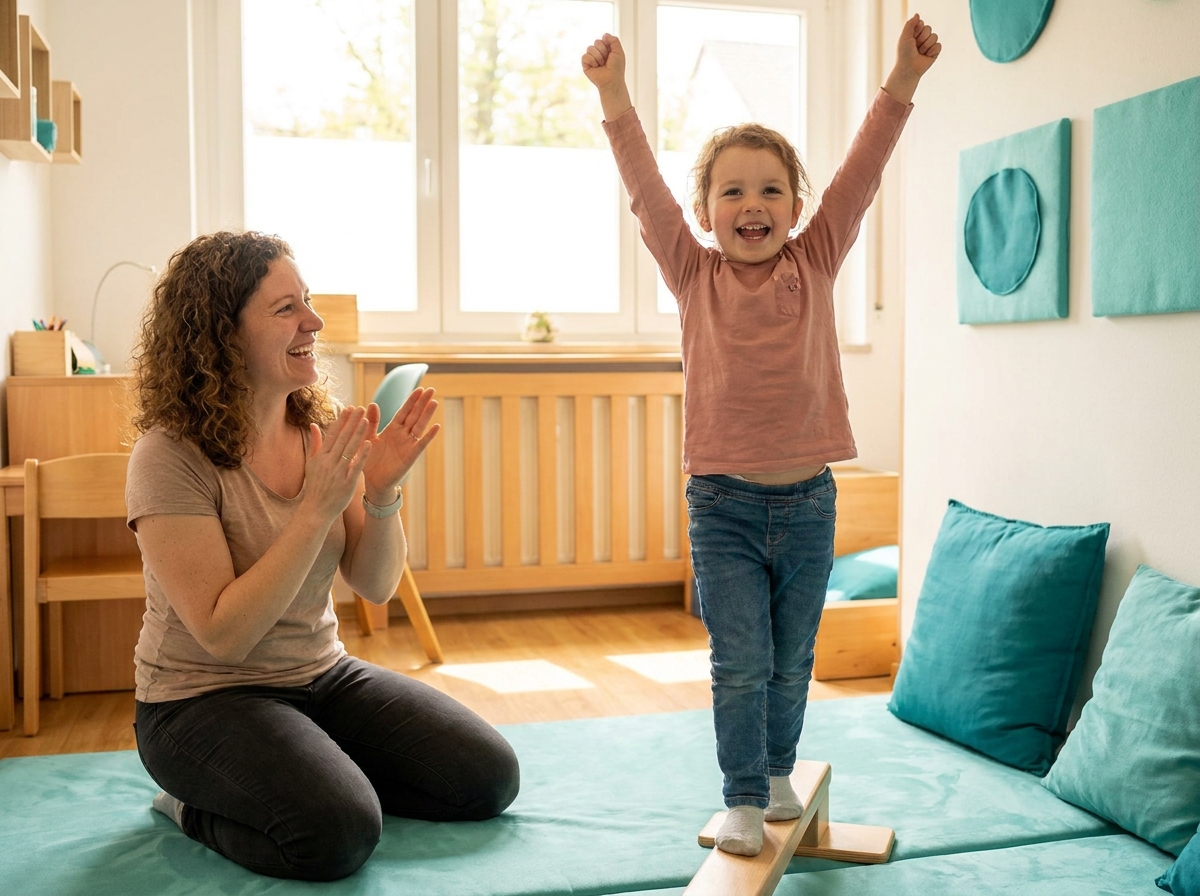 South Asian toddler doing back stretch with smiling physical therapist in warm clinic