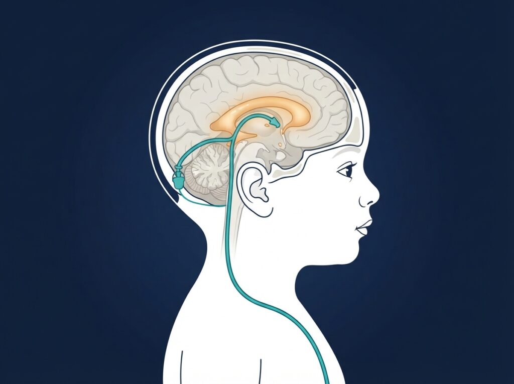 Child with VP shunt — diagram showing shunt placement in head