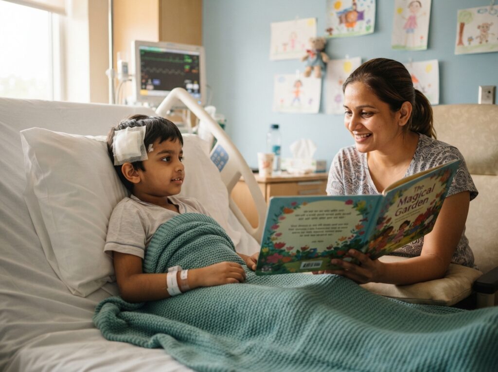 Child in hospital bed during shunt infection treatment with parent beside them