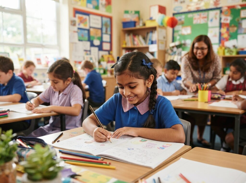 Child with epilepsy attending school normally, seated at desk learning