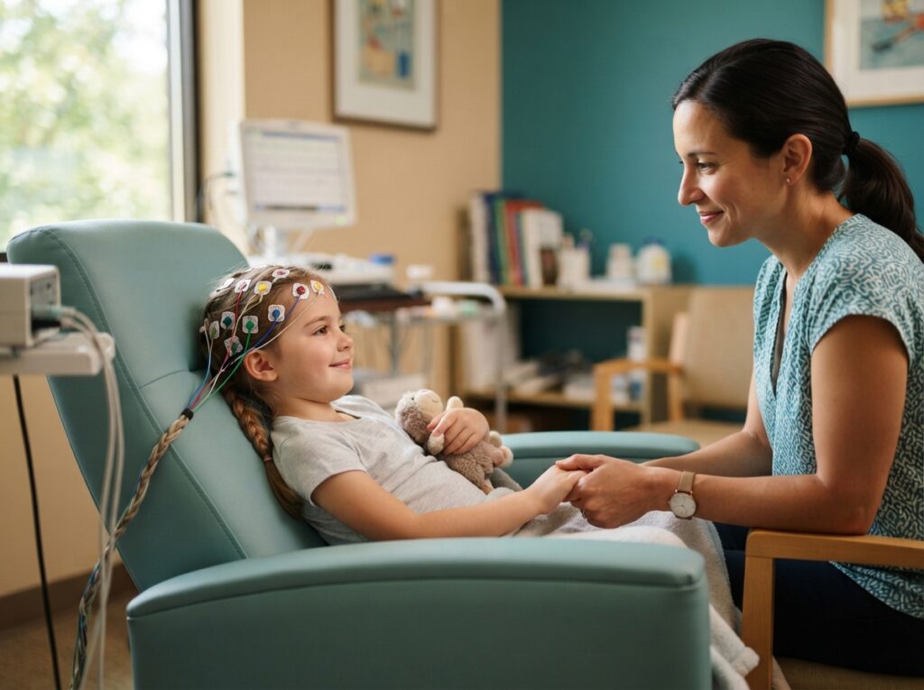 Child having EEG recording with electrodes on scalp, parent seated beside them