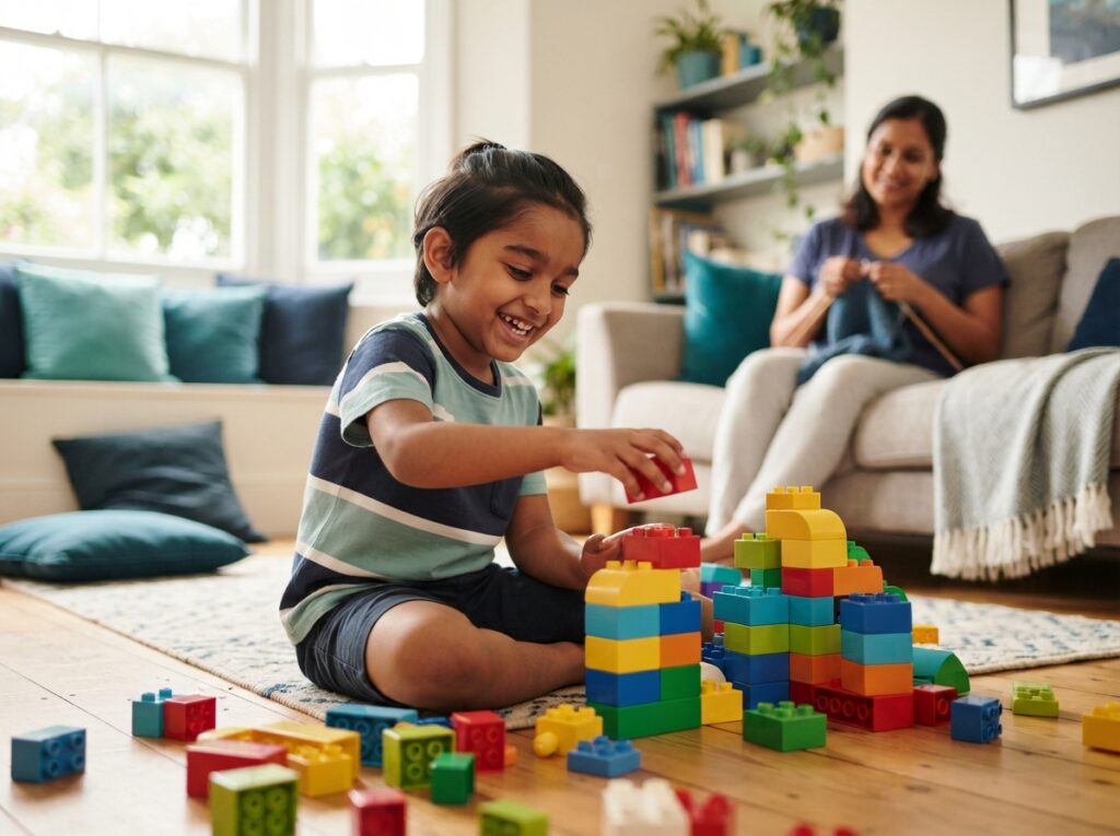 Child playing happily with building blocks after hydrocephalus treatment
