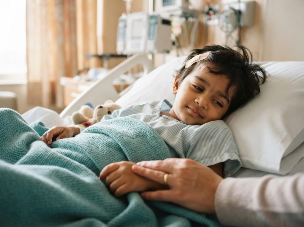 Young child resting in hospital bed recovering after shunt revision surgery