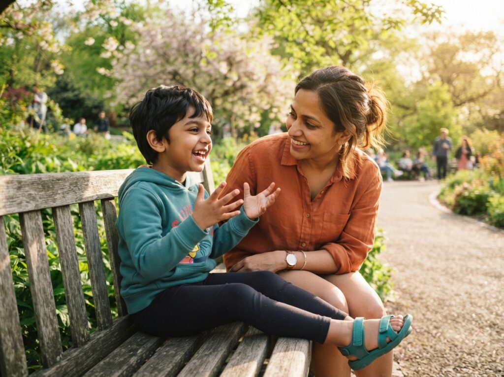 Child with hydrocephalus thriving at the park with parent