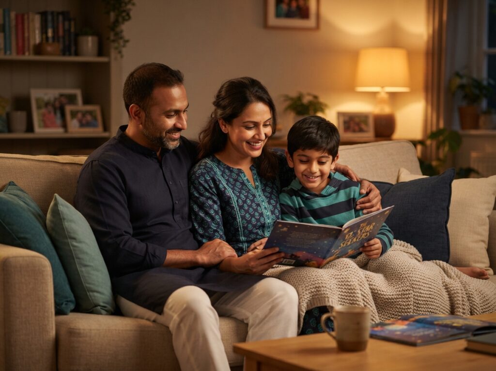 Family reading together at home after epilepsy diagnosis, finding stability