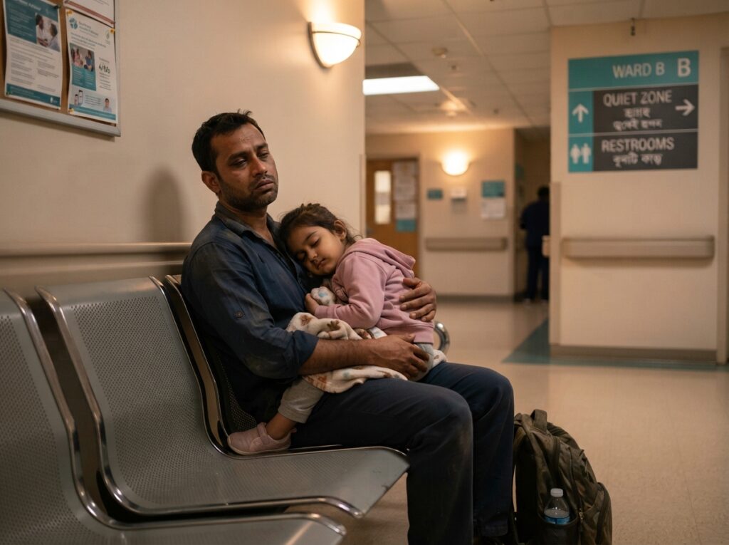 Father waiting in hospital corridor with sleeping child