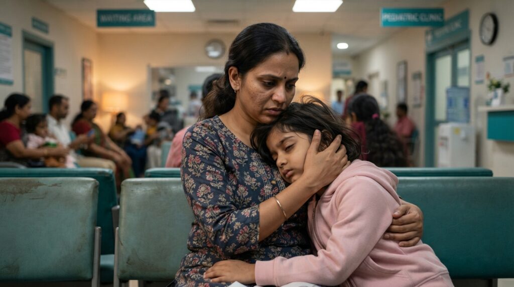 Mother cradling child in hospital