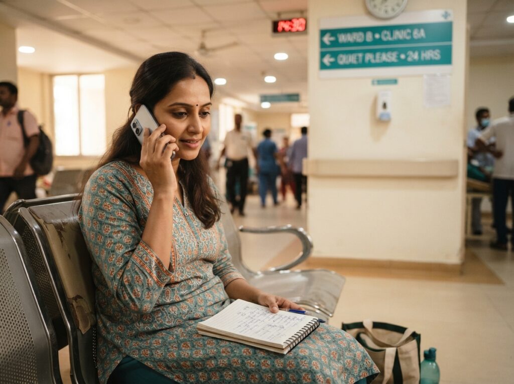 Mother speaking on phone in hospital corridor after shunt revision