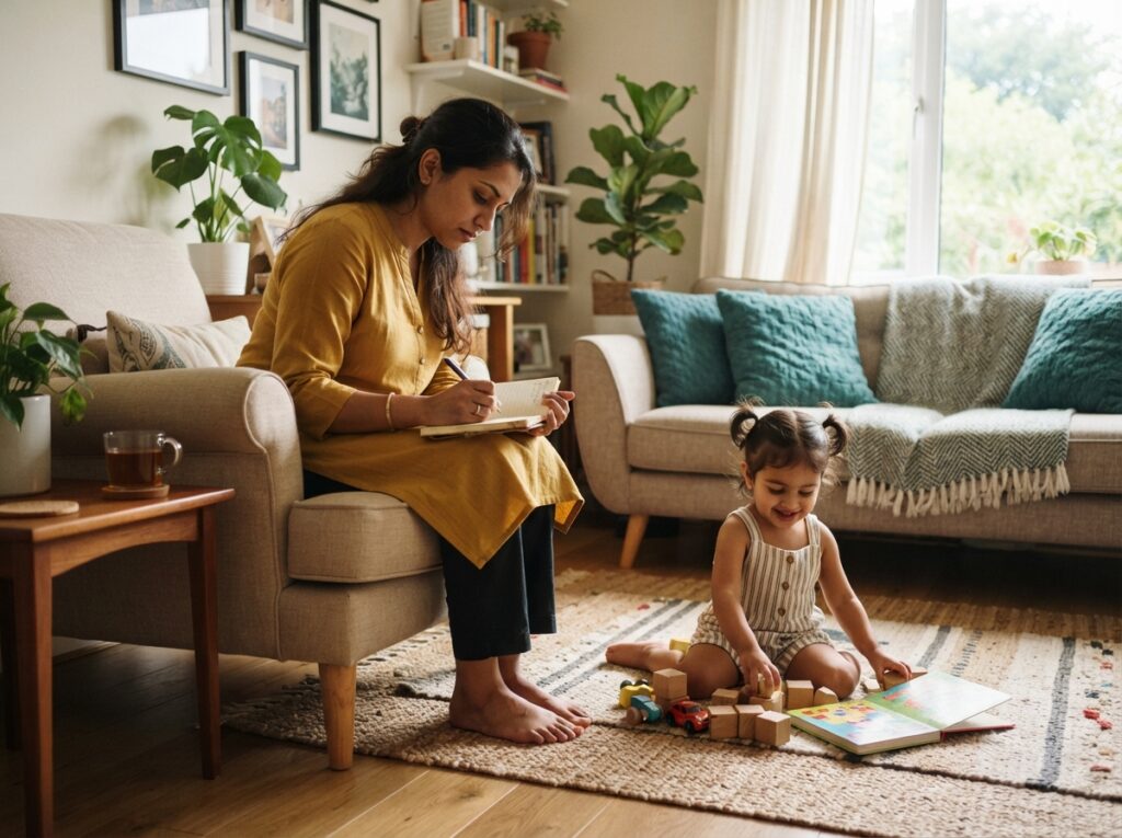 Mother writing headache diary at home while child plays