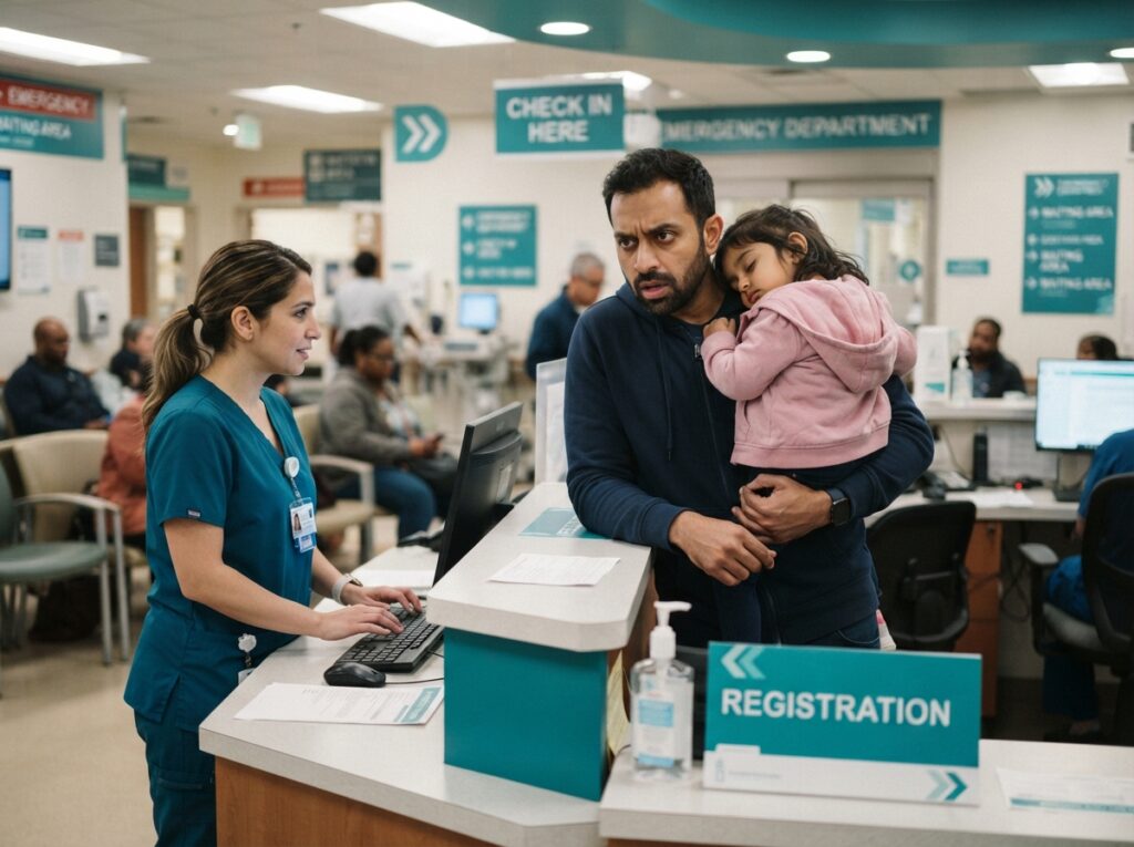 Parent holding child hospital desk