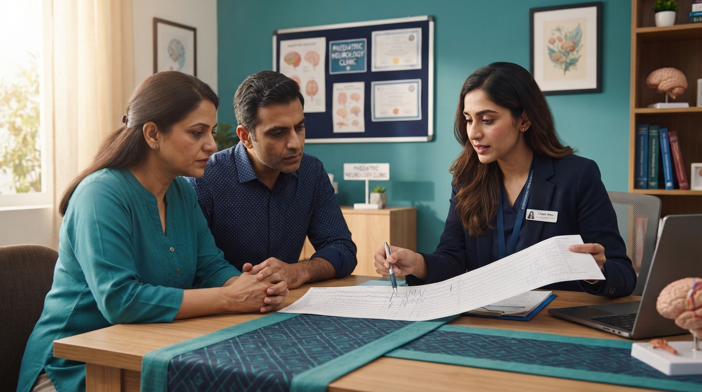 Parents reviewing EEG results with neurologist