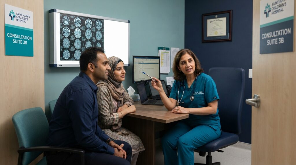 Parents with neurosurgeon review…