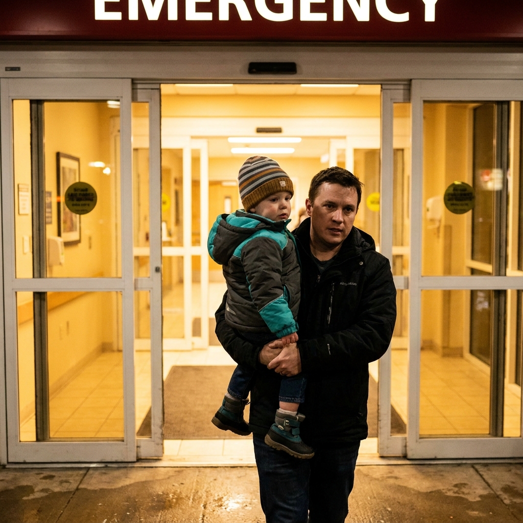 Parent carrying child at hospital entrance at night