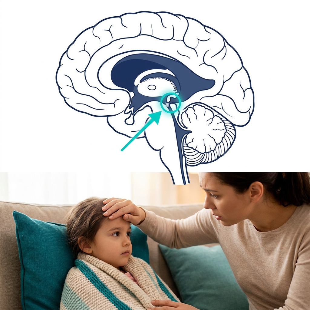 Concerned parent checking child's forehead for fever