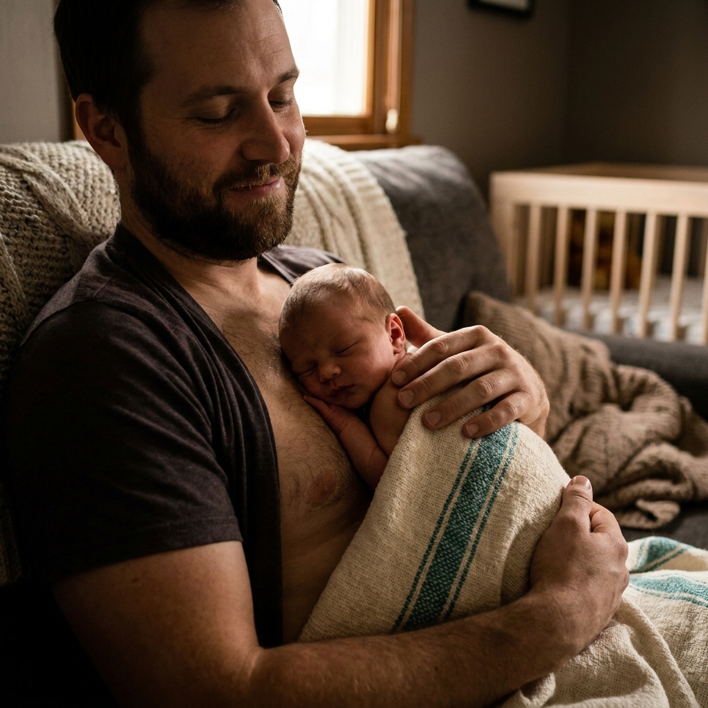Father holding newborn baby skin-to-skin in warm light