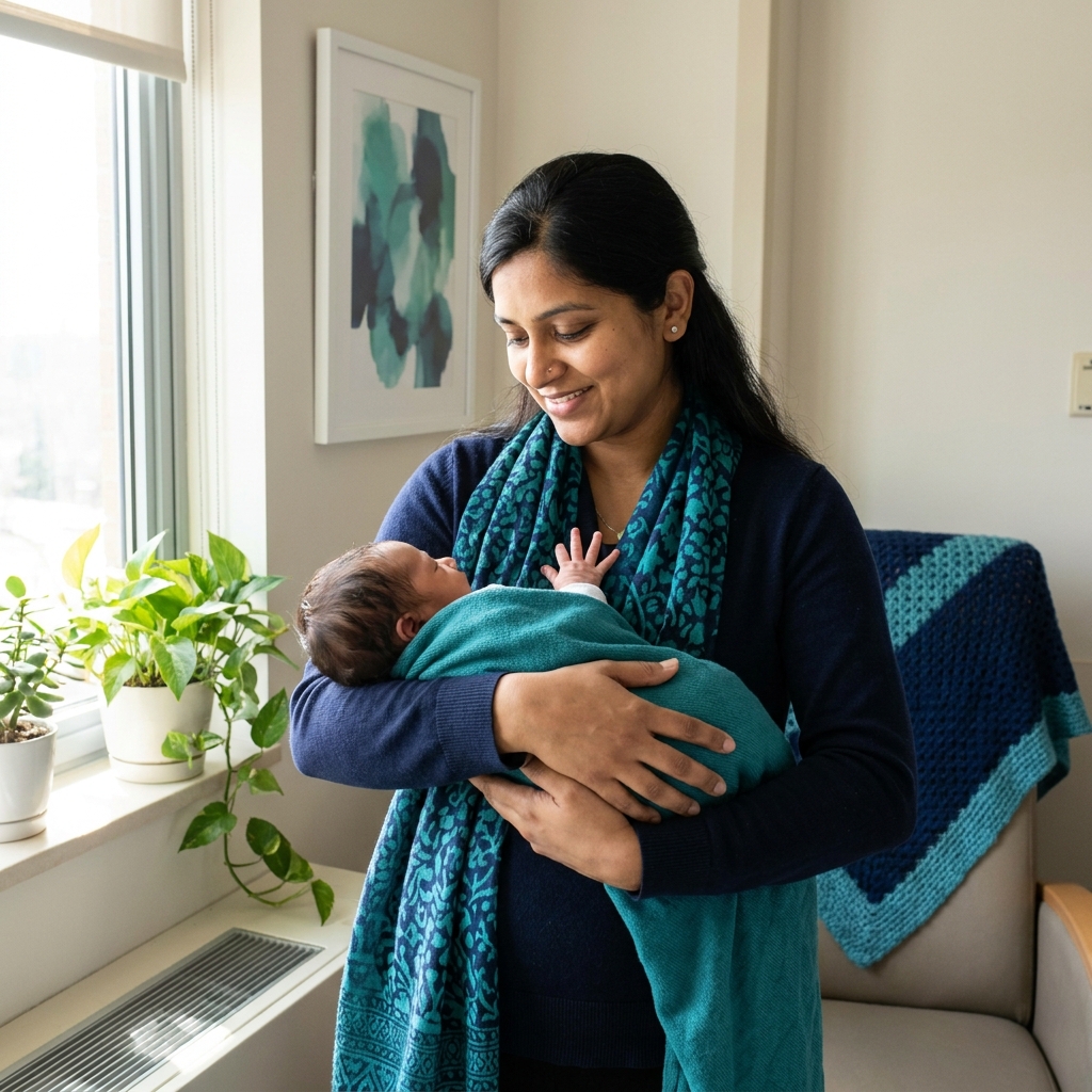 South Asian parent holding newborn baby in warm hospital setting