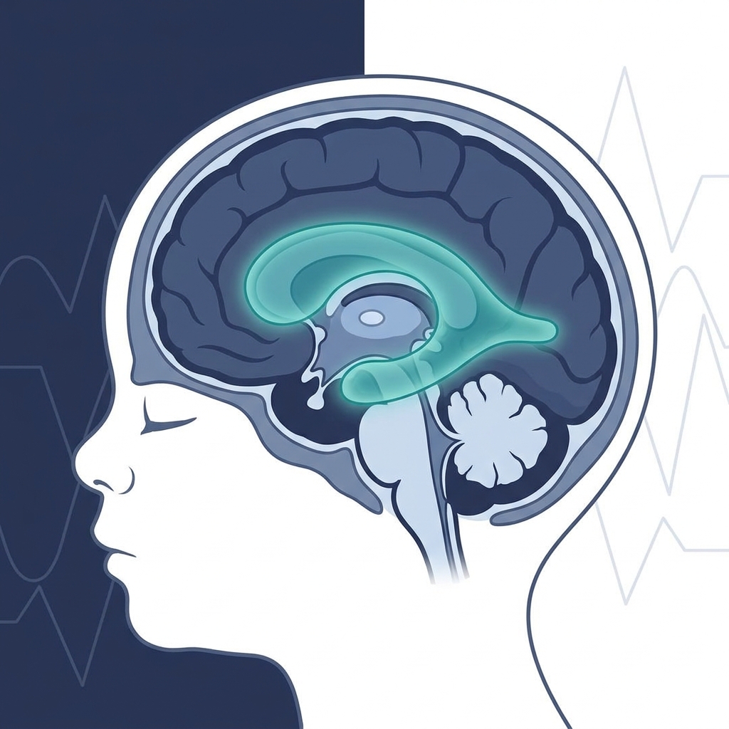 Medical illustration of infant brain with enlarged ventricles and cerebrospinal fluid