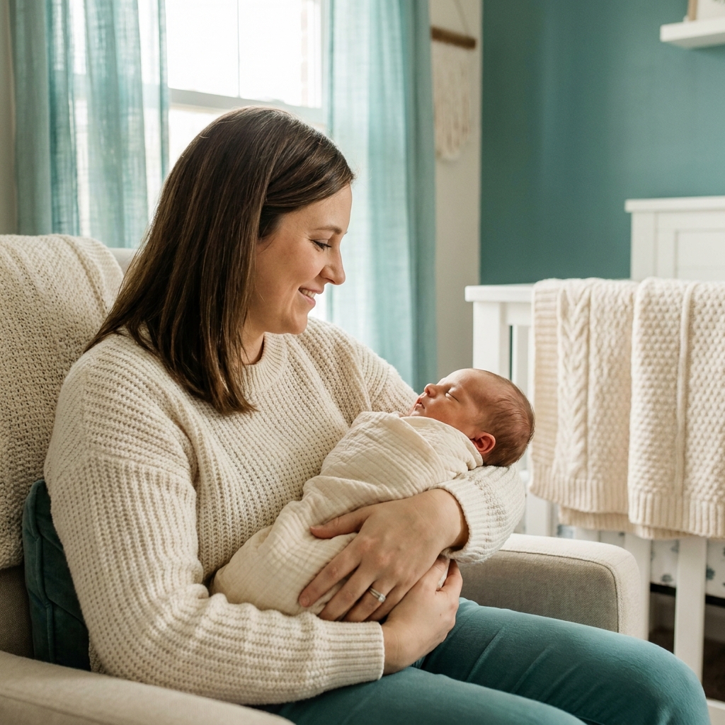Mother holding and looking down at newborn baby with care