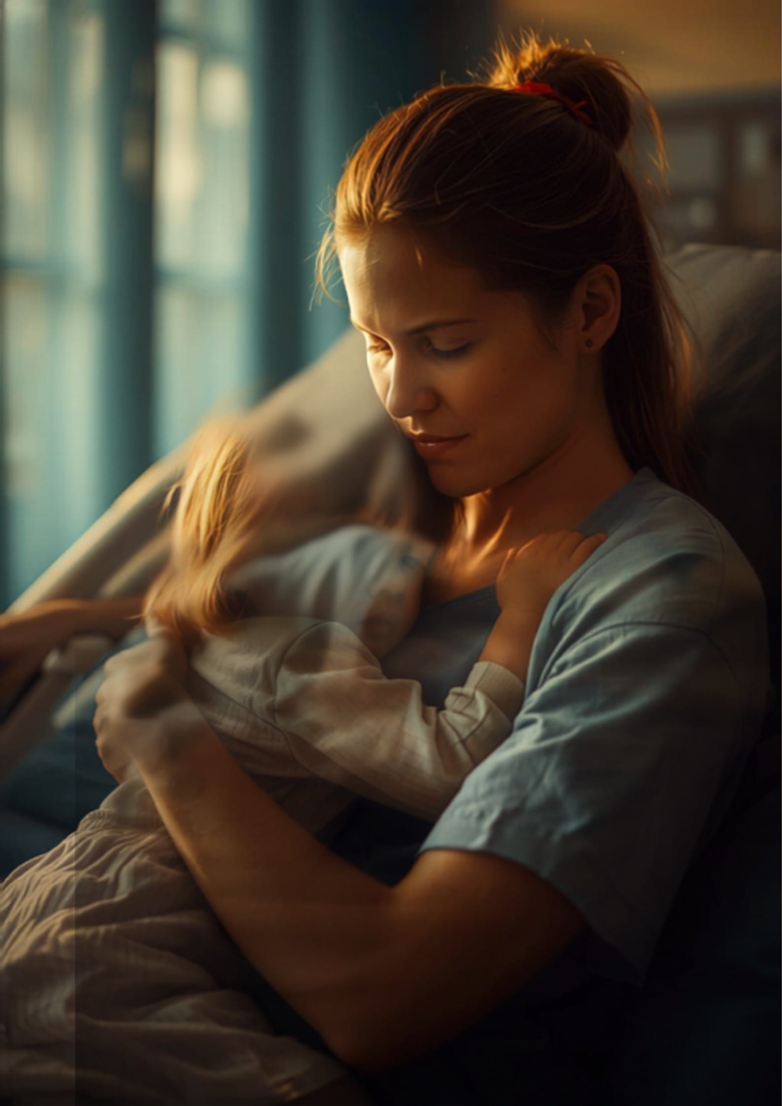 Parent holding young child closely in hospital, love and determination