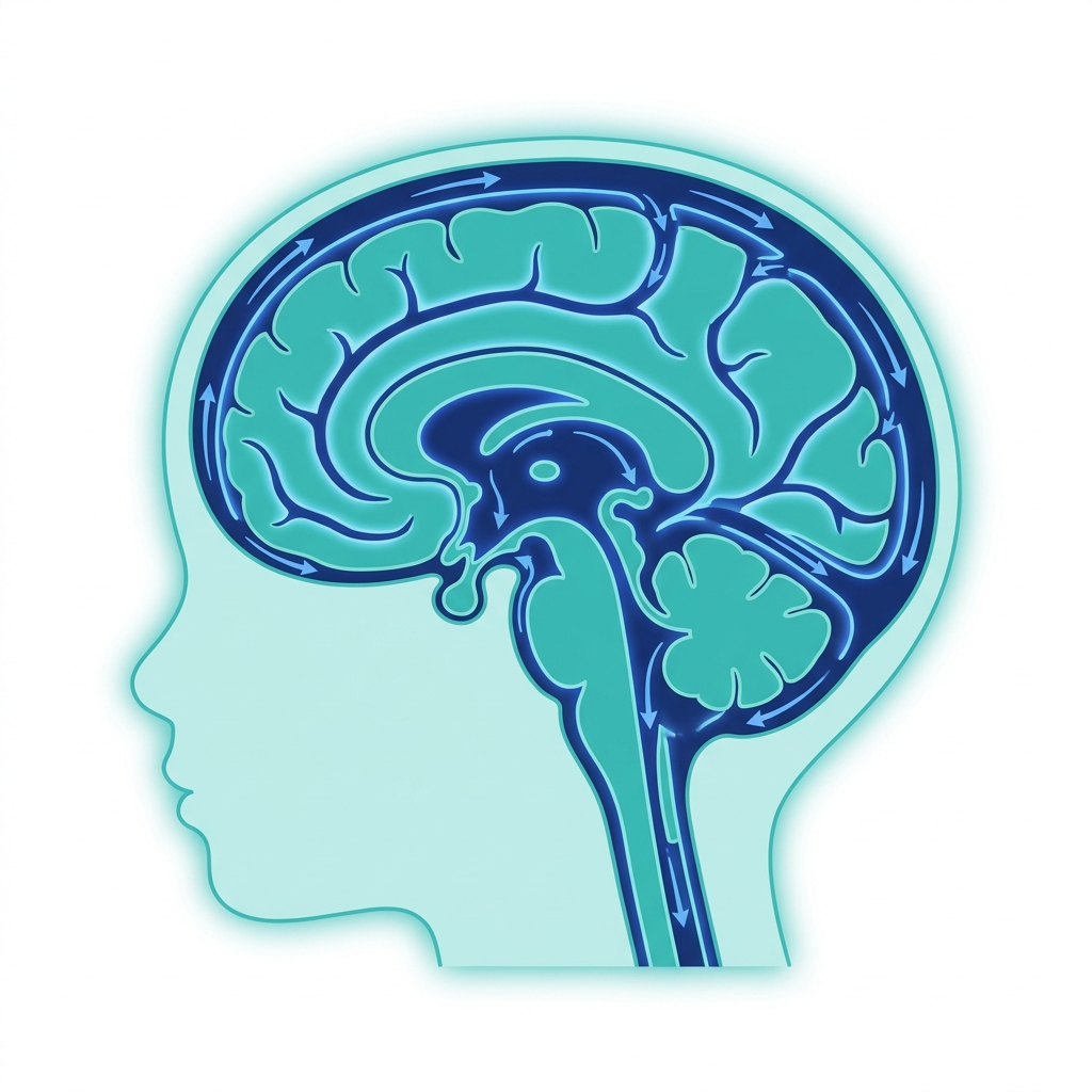 Medical illustration of a child's brain showing cerebrospinal fluid flow pathways in teal and navy