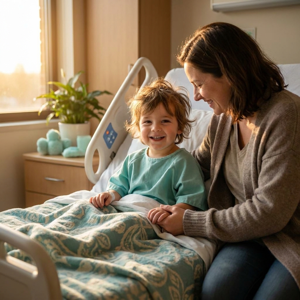 A young child sitting up happily in a hospital bed with a loving parent smiling beside them