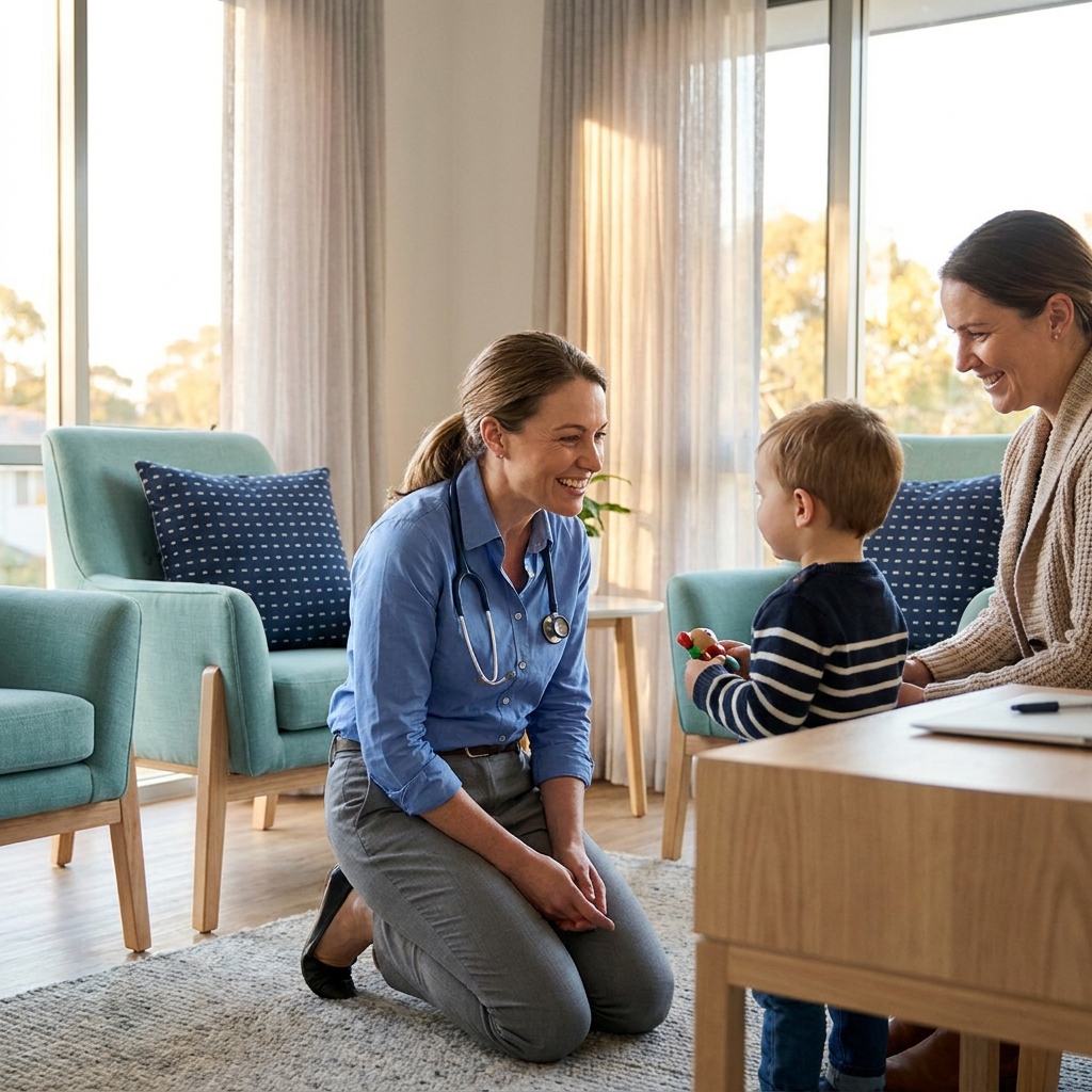 A caring paediatric doctor speaking reassuringly with a young child and their parent in a warm clinic