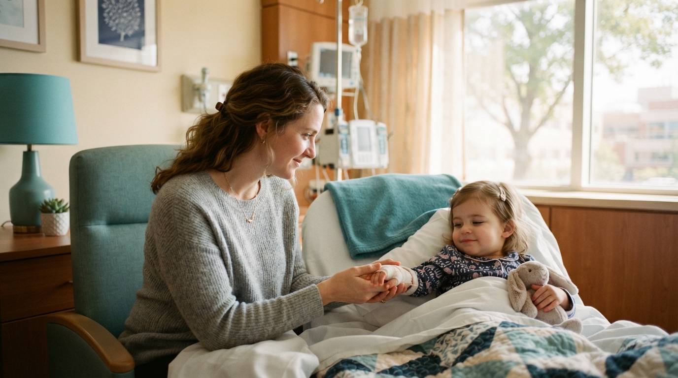 A loving parent holding a toddler's hand in a warm hospital recovery room with teal accents