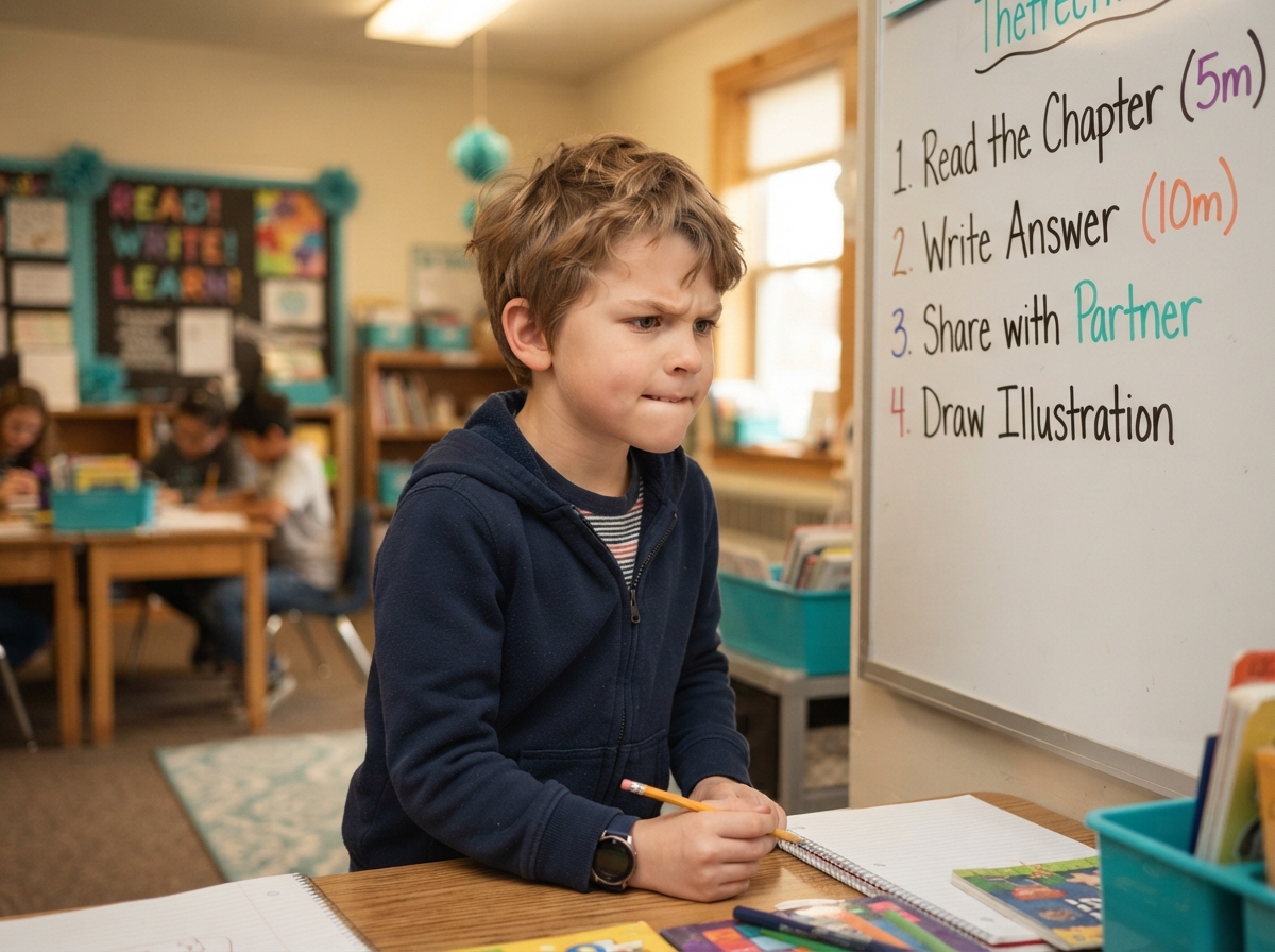hydrocephalus working memory problems — boy struggling with multi-step instructions