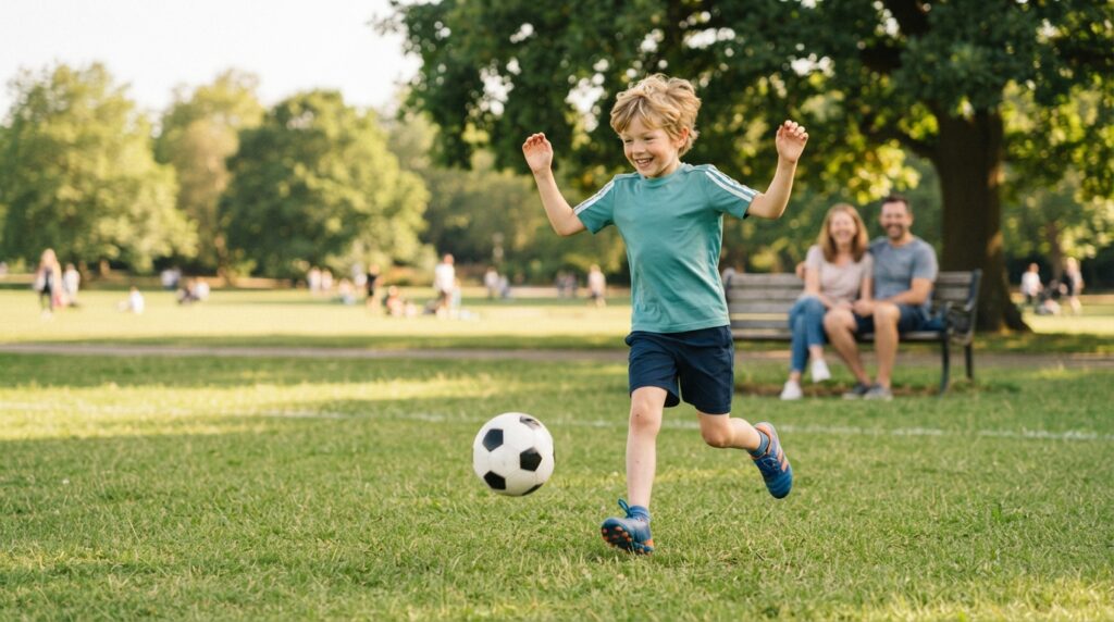 Boy running kicking football