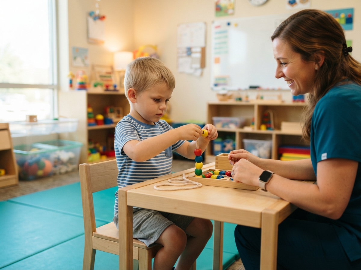 occupational therapy hydrocephalus child — boy doing hand exercises with therapist