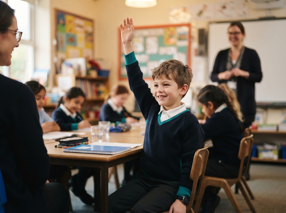 child with epilepsy attending school normally — boy raising hand in classroom