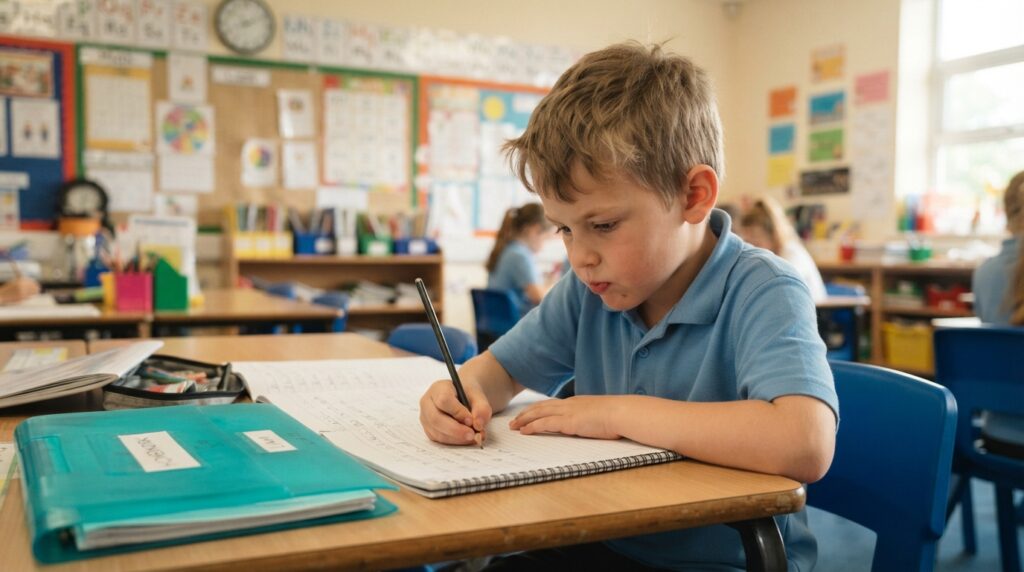Boy writing at school desk