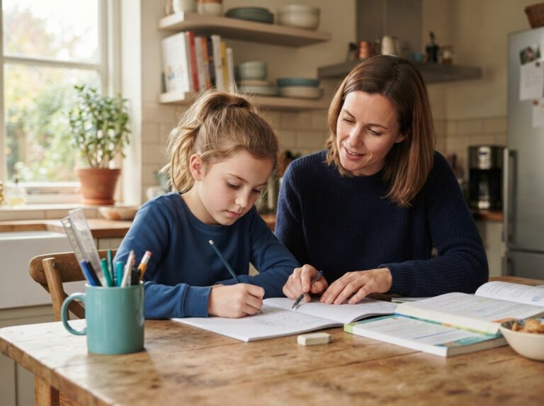 childhood epilepsy and behaviour — child with a parent doing homework at a kitchen table