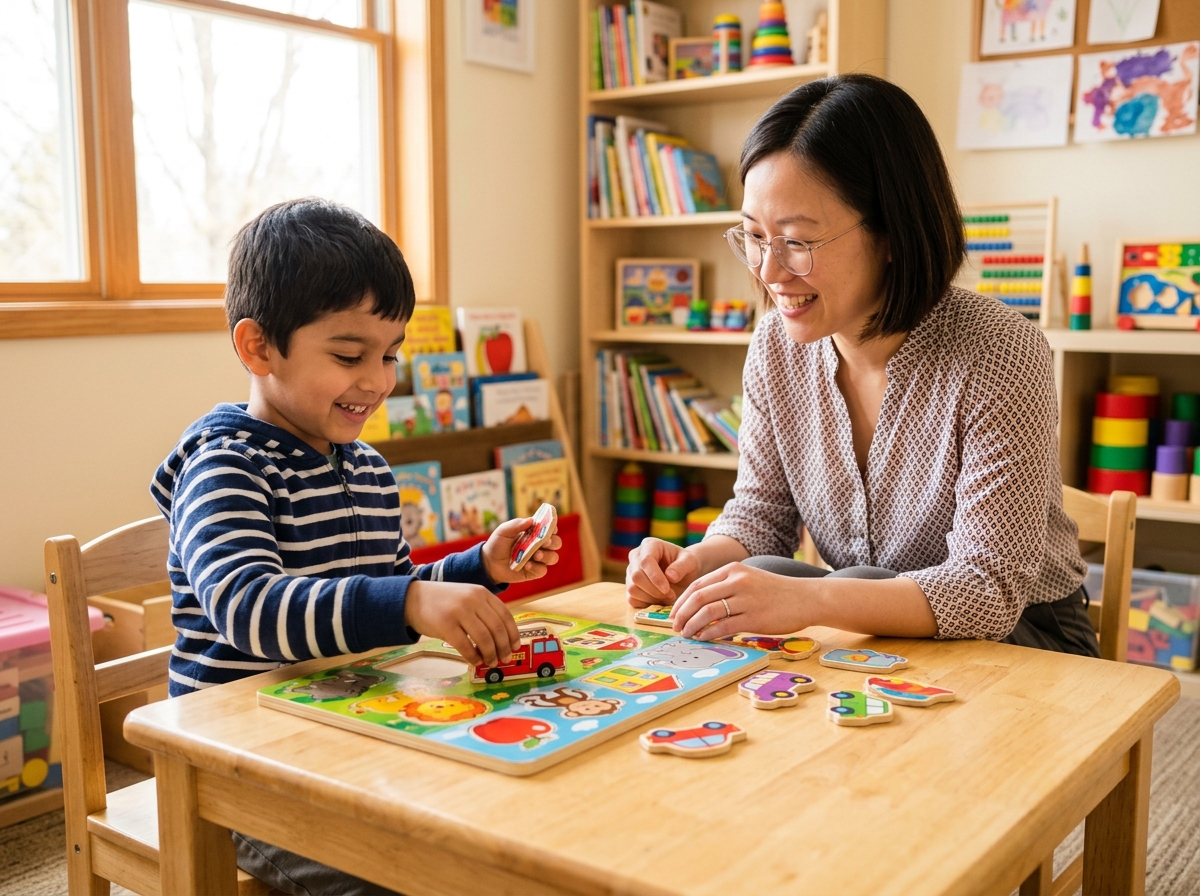 Child doing puzzle with therapist