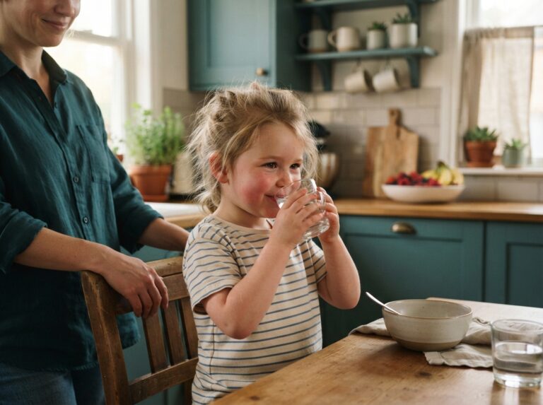 post-seizure hydration — young child sitting up drinking water, warm kitchen setting