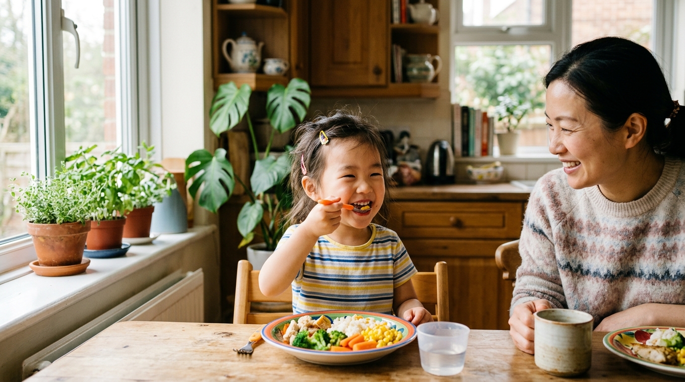 Child eating meal with parent