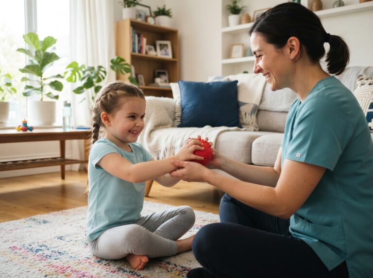 acquired epilepsy children — child at home doing physiotherapy exercises with a therapist