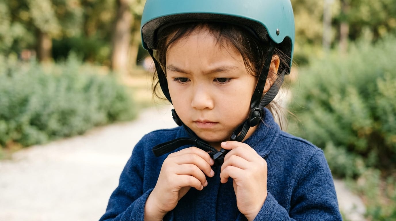 A child fastening a cycling helmet, the key precaution with a shunt