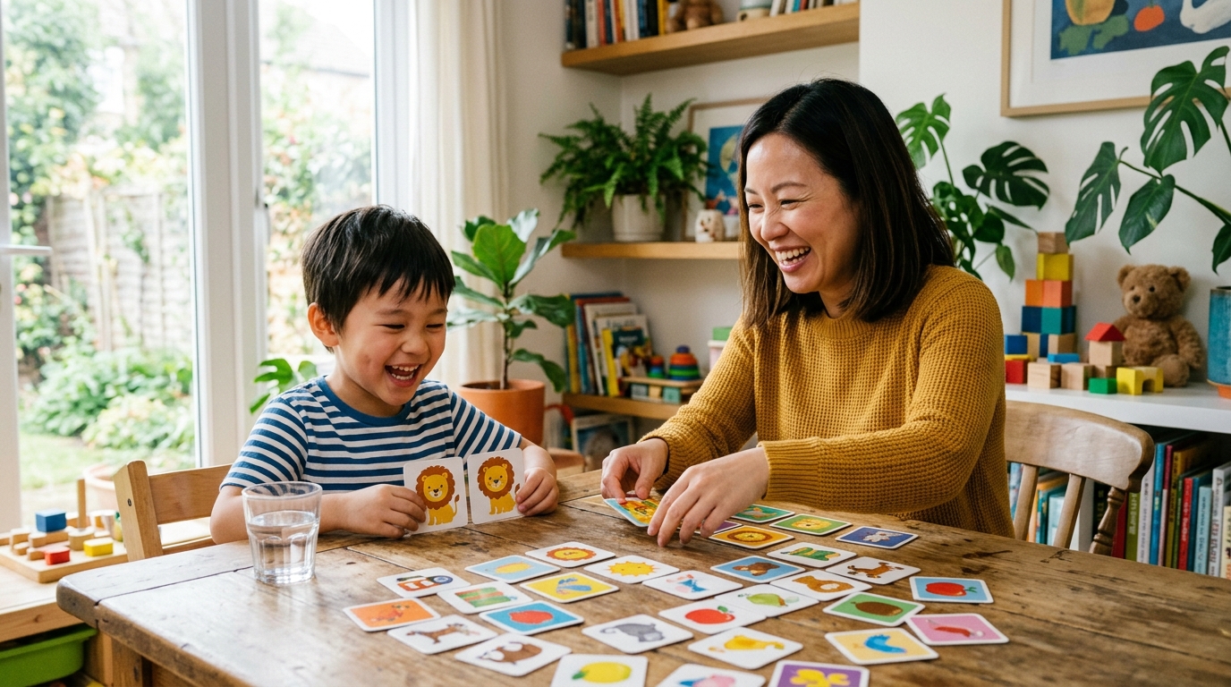 Child playing card game parent