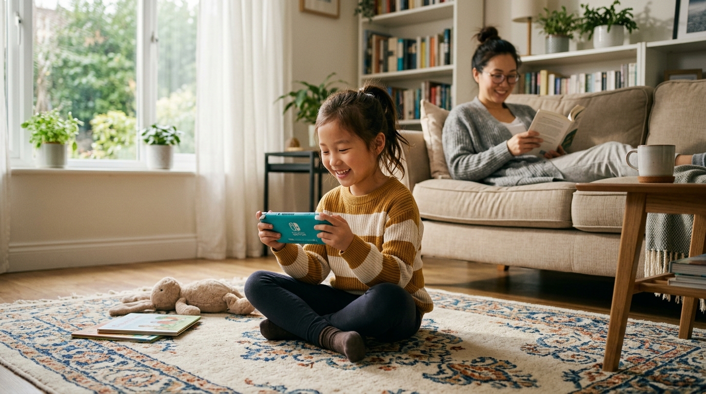 Child playing handheld game console