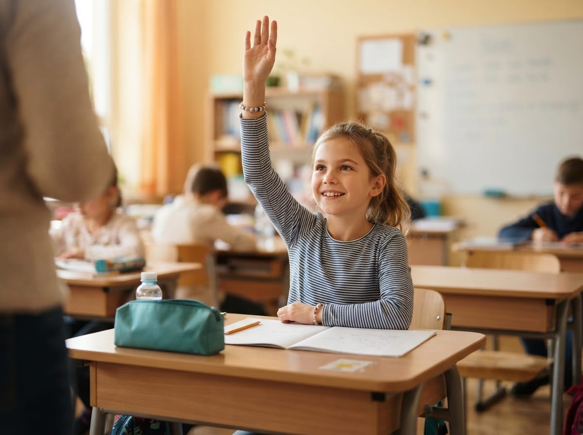 childhood epilepsy seizure freedom — child at school raising hand confidently