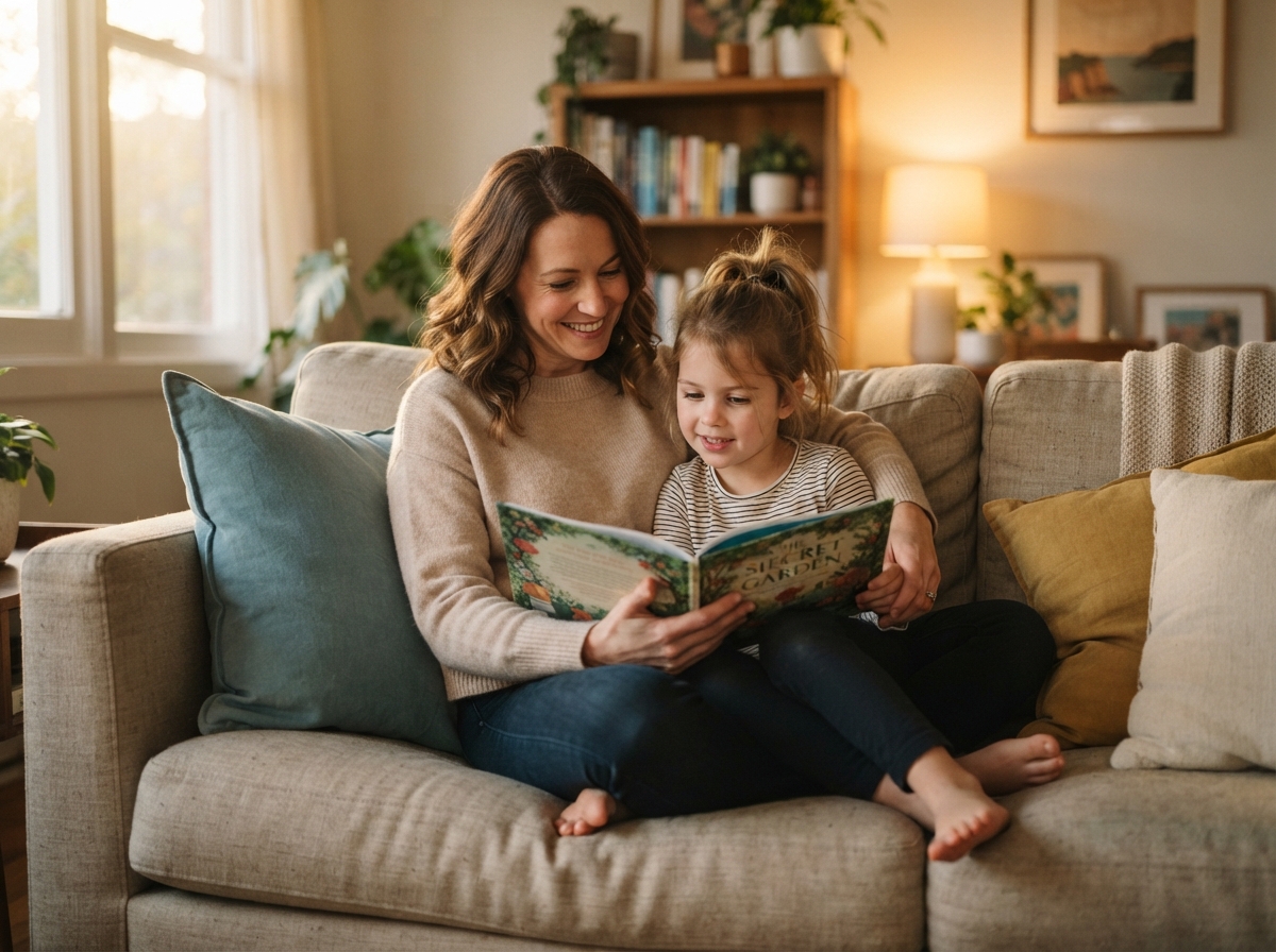family supporting child with epilepsy at home — parent reading with child on sofa