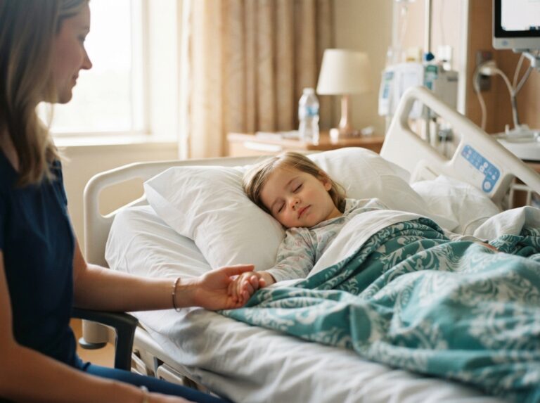 seizures after brain surgery child — child resting after a medical episode, parent nearby