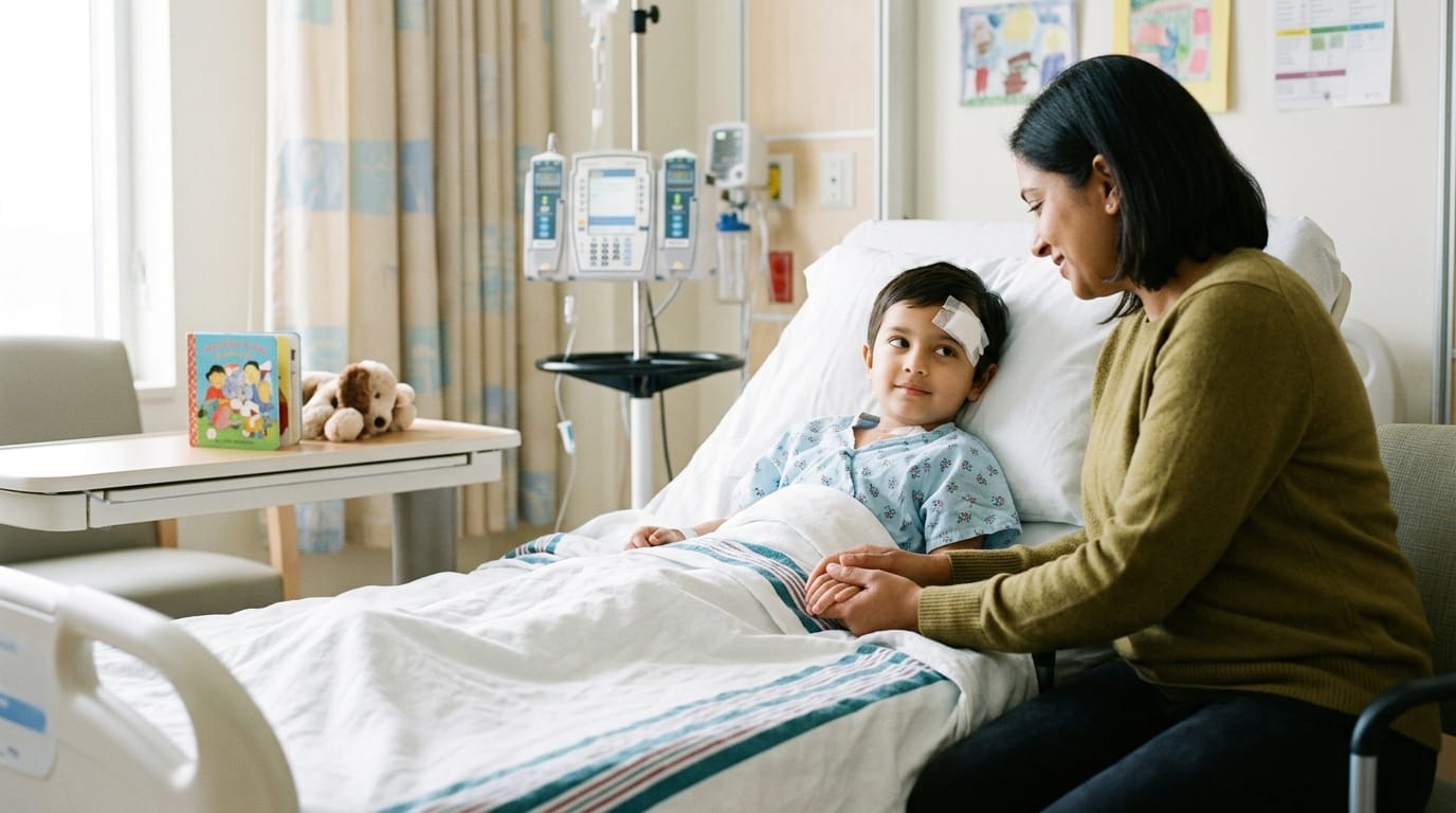 shunt surgery recovery — child in hospital bed after hydrocephalus surgery